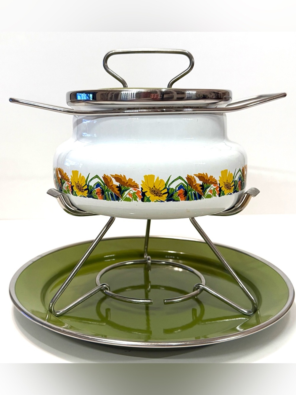 Vintage SILTAL Italy Enamel Fondue Dish Set Floral Avocado Green